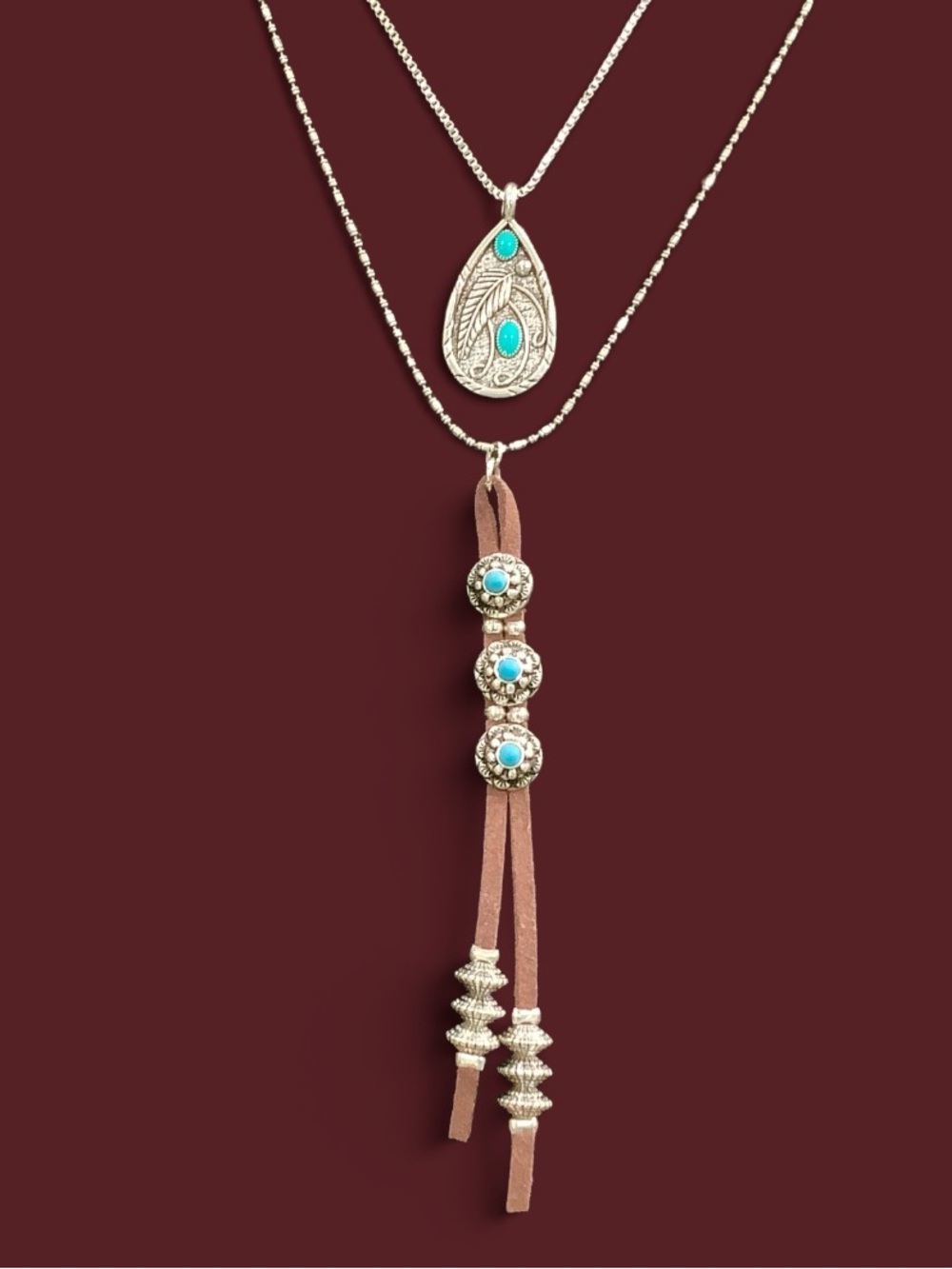 Layered Teardrop Pendant Necklace with Turquoise Accents & Brown Suede Fringe